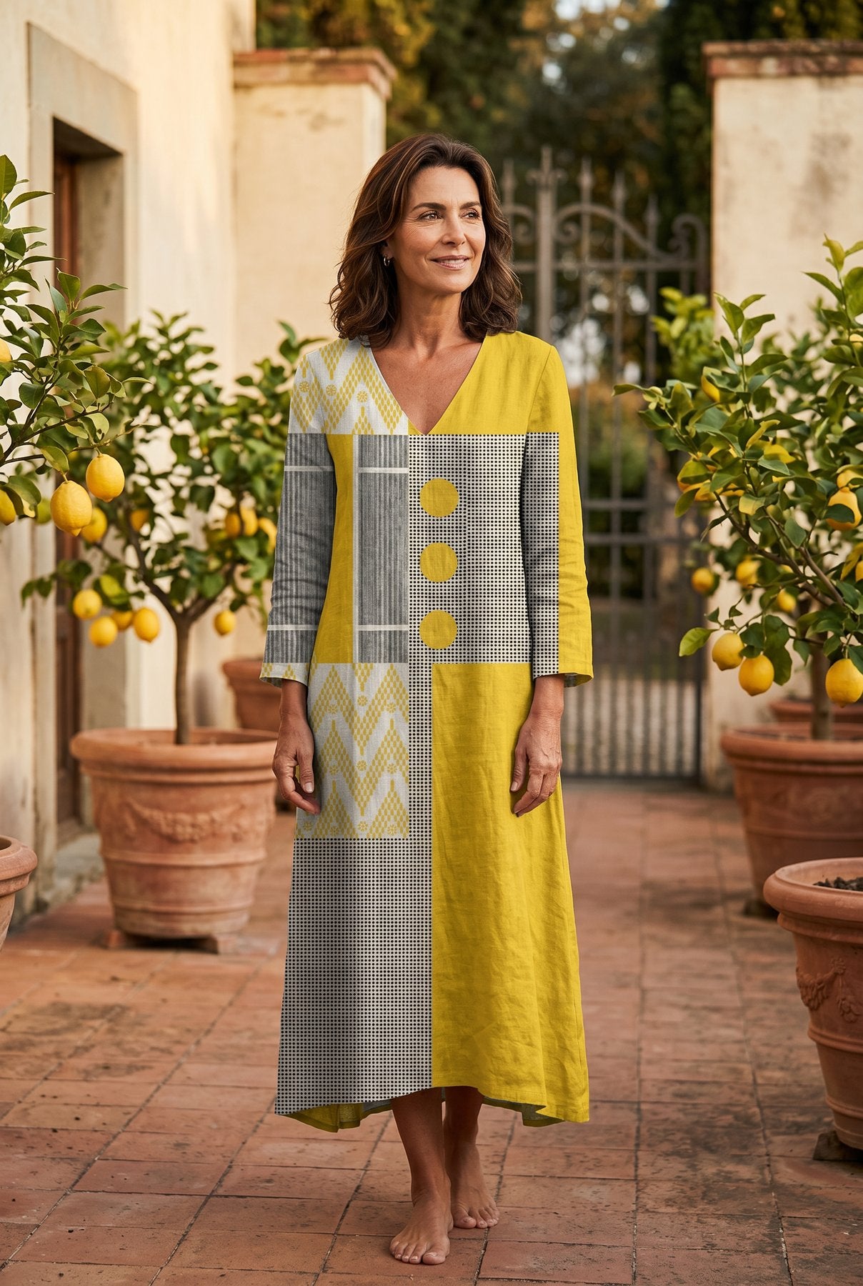 The Beatrice Linen Dress in yellow and gray colorblock, full-length in an Italian garden with lemon trees