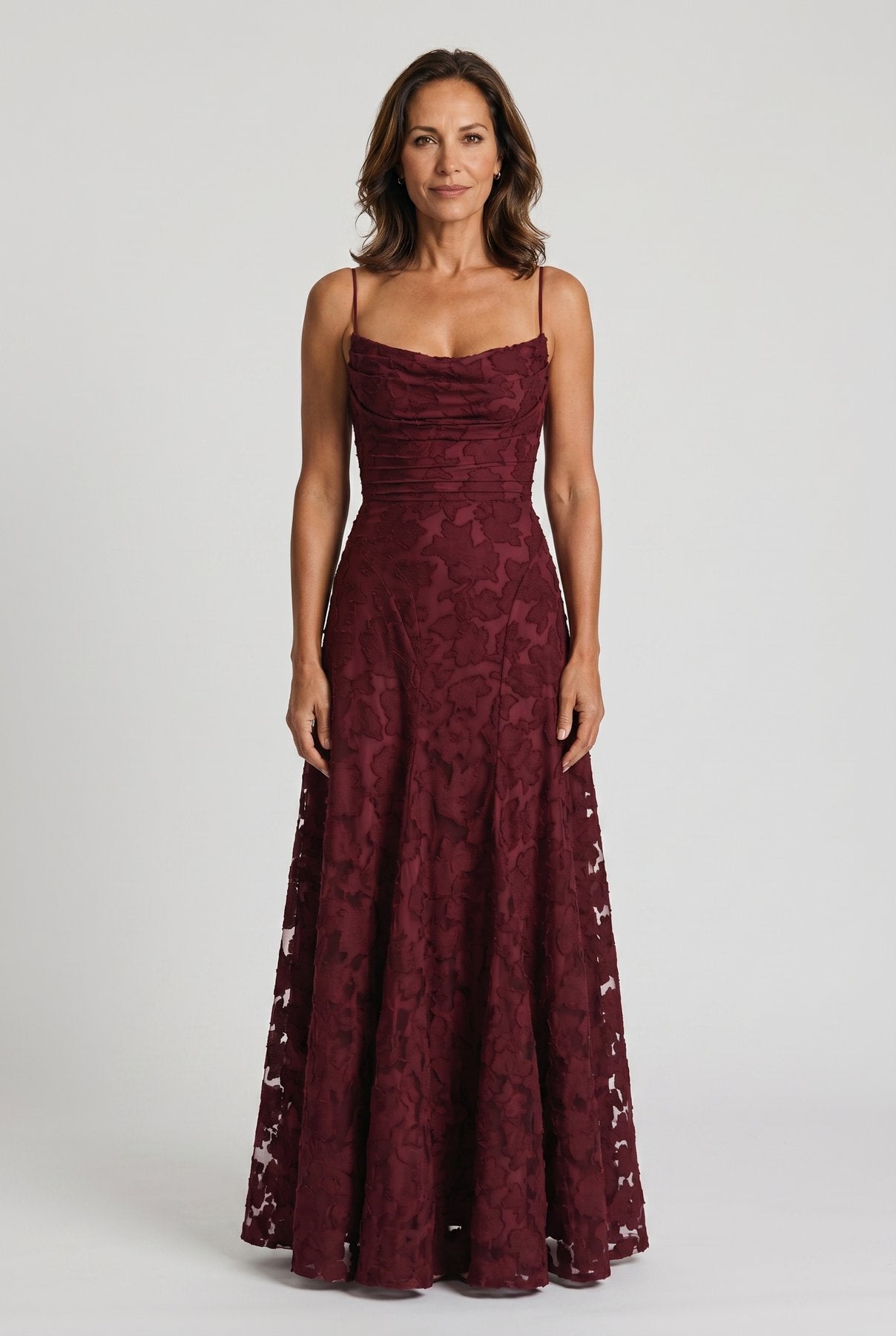 The Cynthia Ceremony Dress in cherry burgundy burnout floral lace, full-length front view