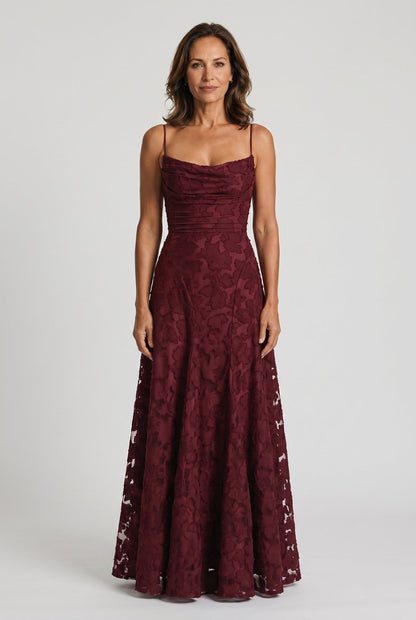 The Cynthia Ceremony Dress in cherry burgundy burnout floral lace, full-length front view