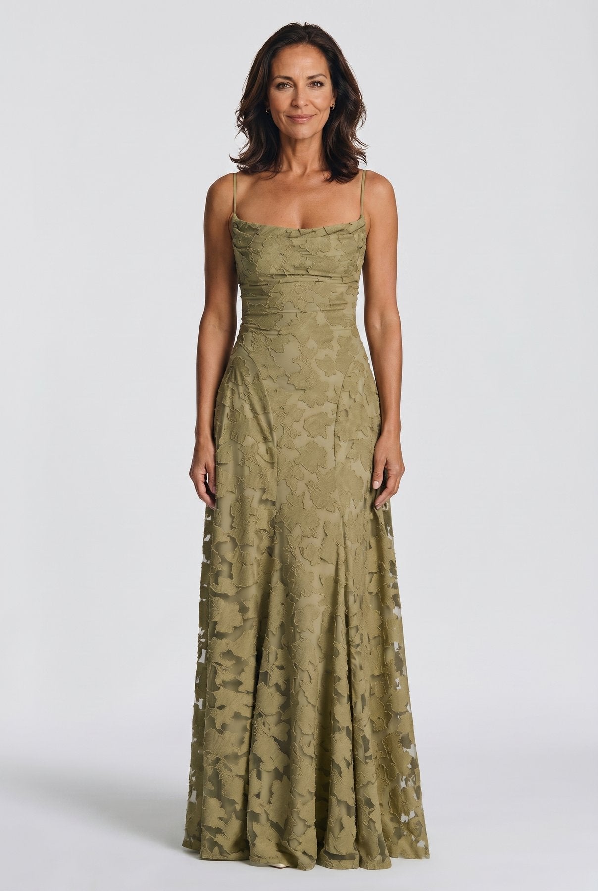 The Cynthia Ceremony Dress in sage olive burnout floral lace, full-length front view