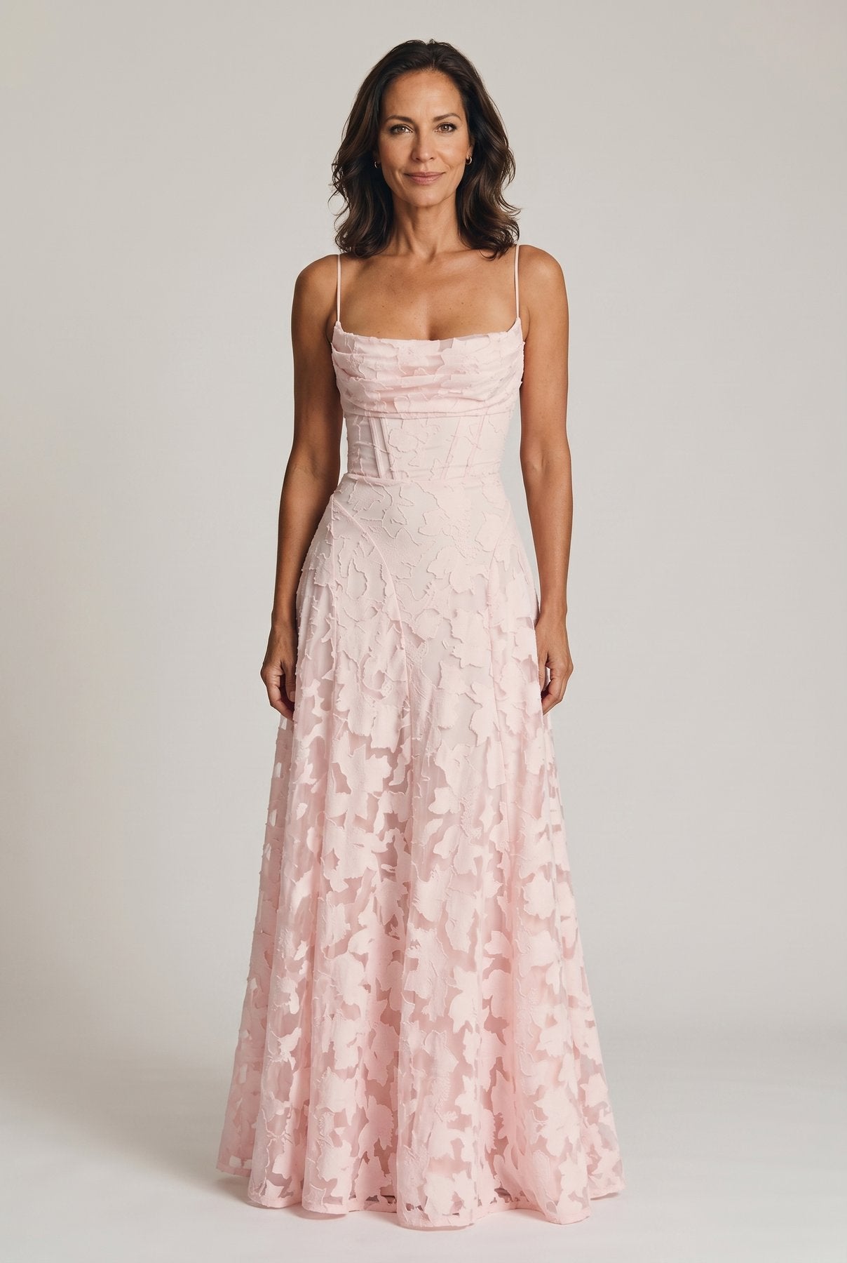 The Cynthia Ceremony Dress in blush pink burnout floral lace, full-length front view