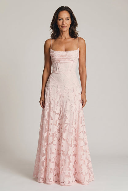 The Cynthia Ceremony Dress in blush pink burnout floral lace, full-length front view