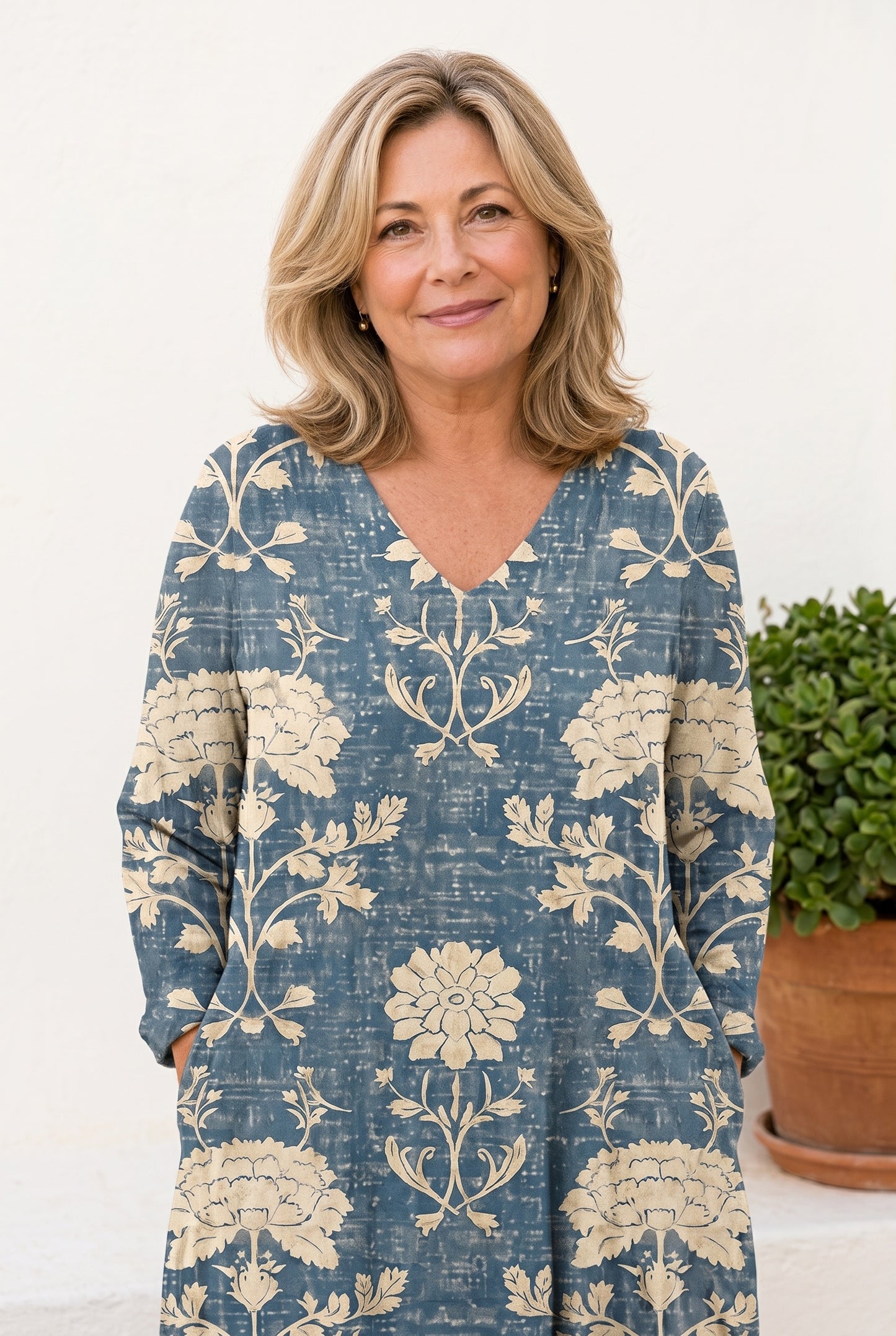 The Deborah Brunch Dress in a blue-and-cream botanical floral print, V-neck long-sleeve maxi, editorial against a whitewashed wall