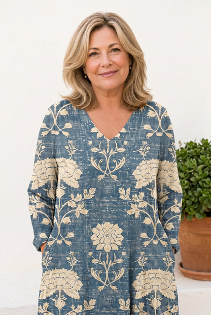 The Deborah Brunch Dress in a blue-and-cream botanical floral print, V-neck long-sleeve maxi, editorial against a whitewashed wall