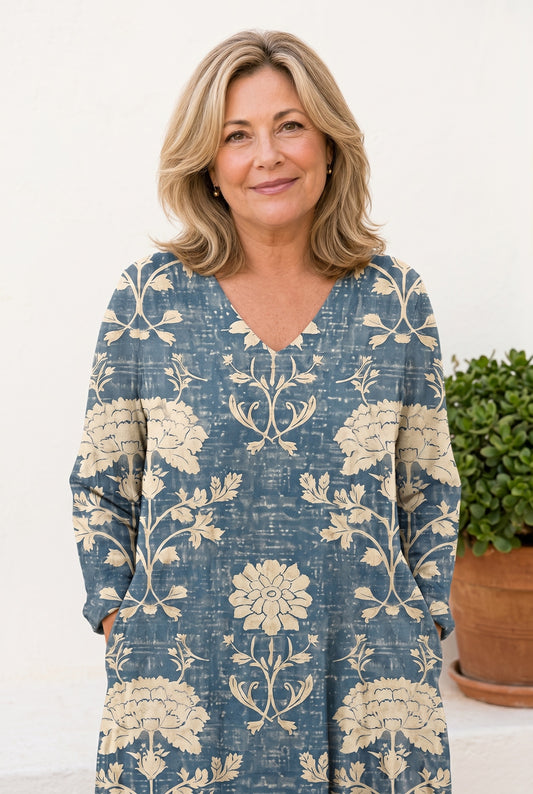 The Deborah Brunch Dress in a blue-and-cream botanical floral print, V-neck long-sleeve maxi, editorial against a whitewashed wall