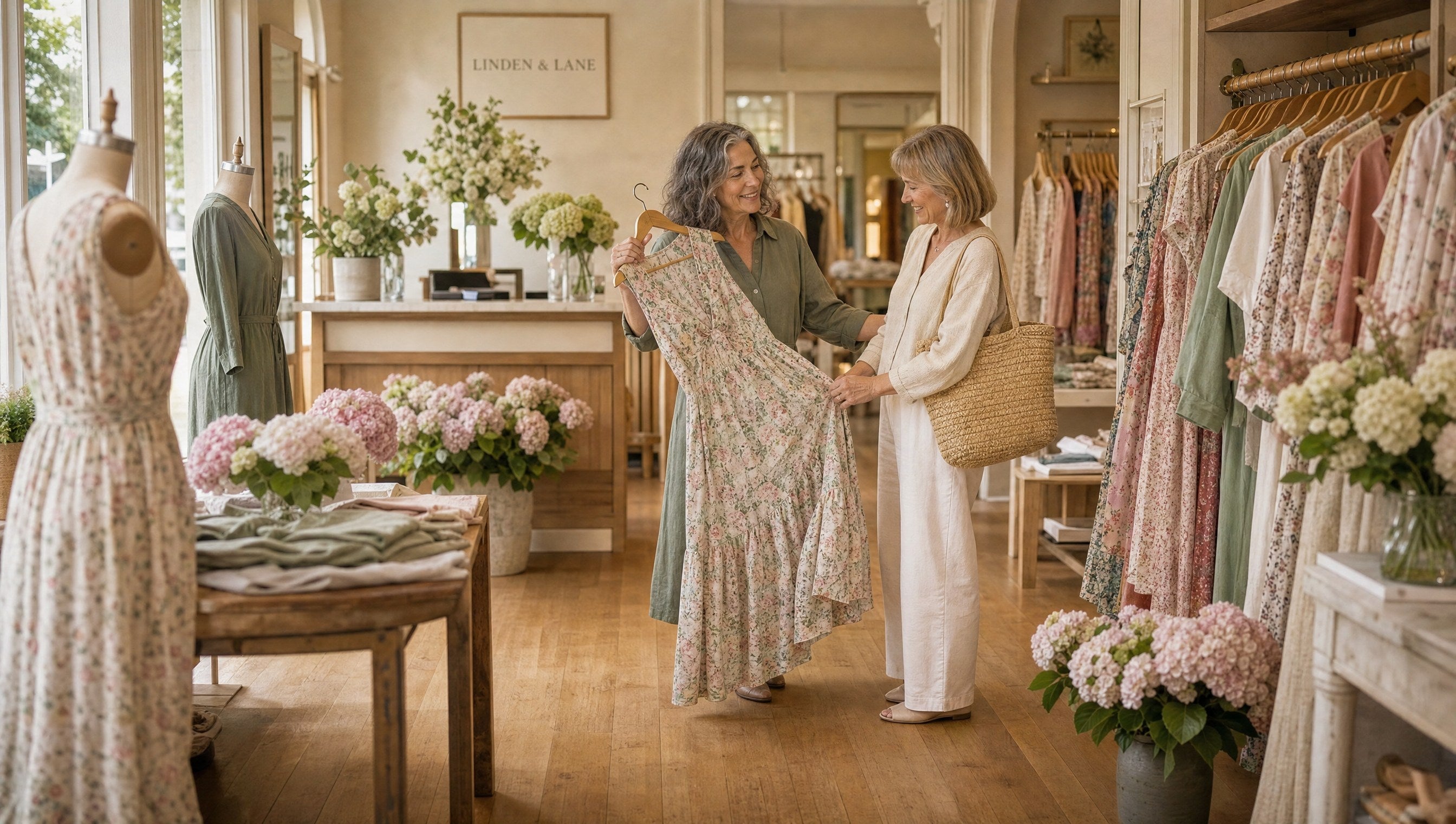 Inside the Linden & Lane boutique — Eleanor helping a customer