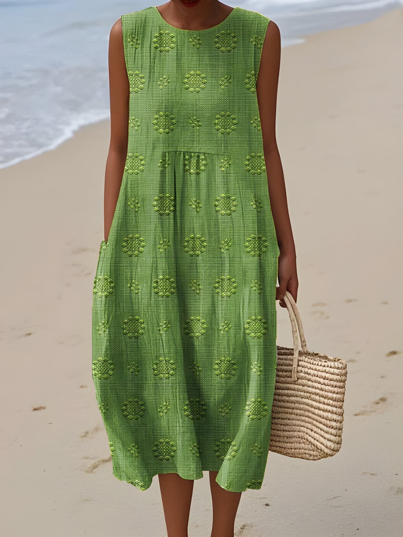 The Frances Cruise Dress in fern green textured linen, coastal beach setting