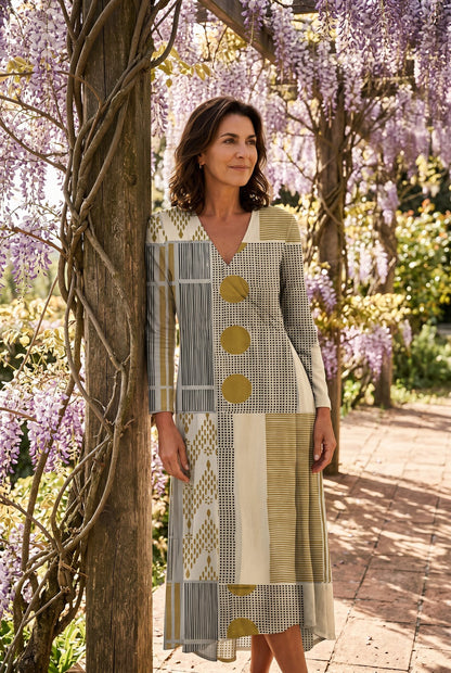 The Helen Day Dress in gray and mustard check, full-length under a wisteria pergola