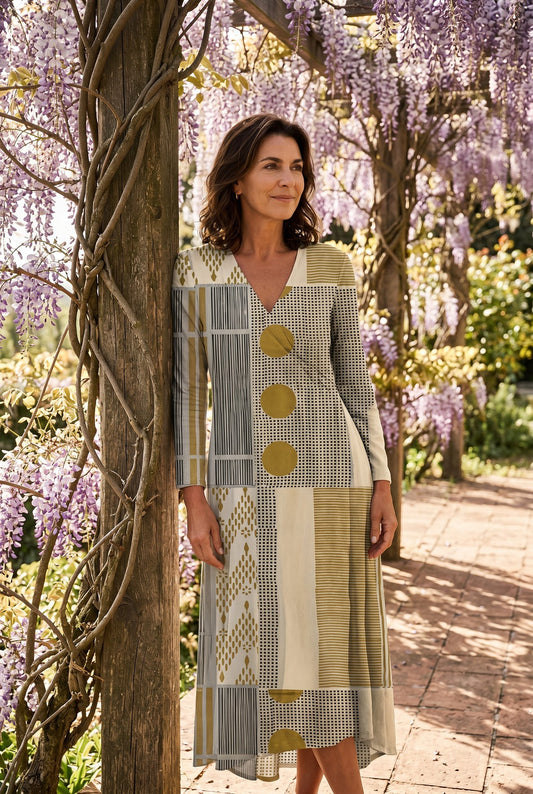 The Helen Day Dress in gray and mustard check, full-length under a wisteria pergola