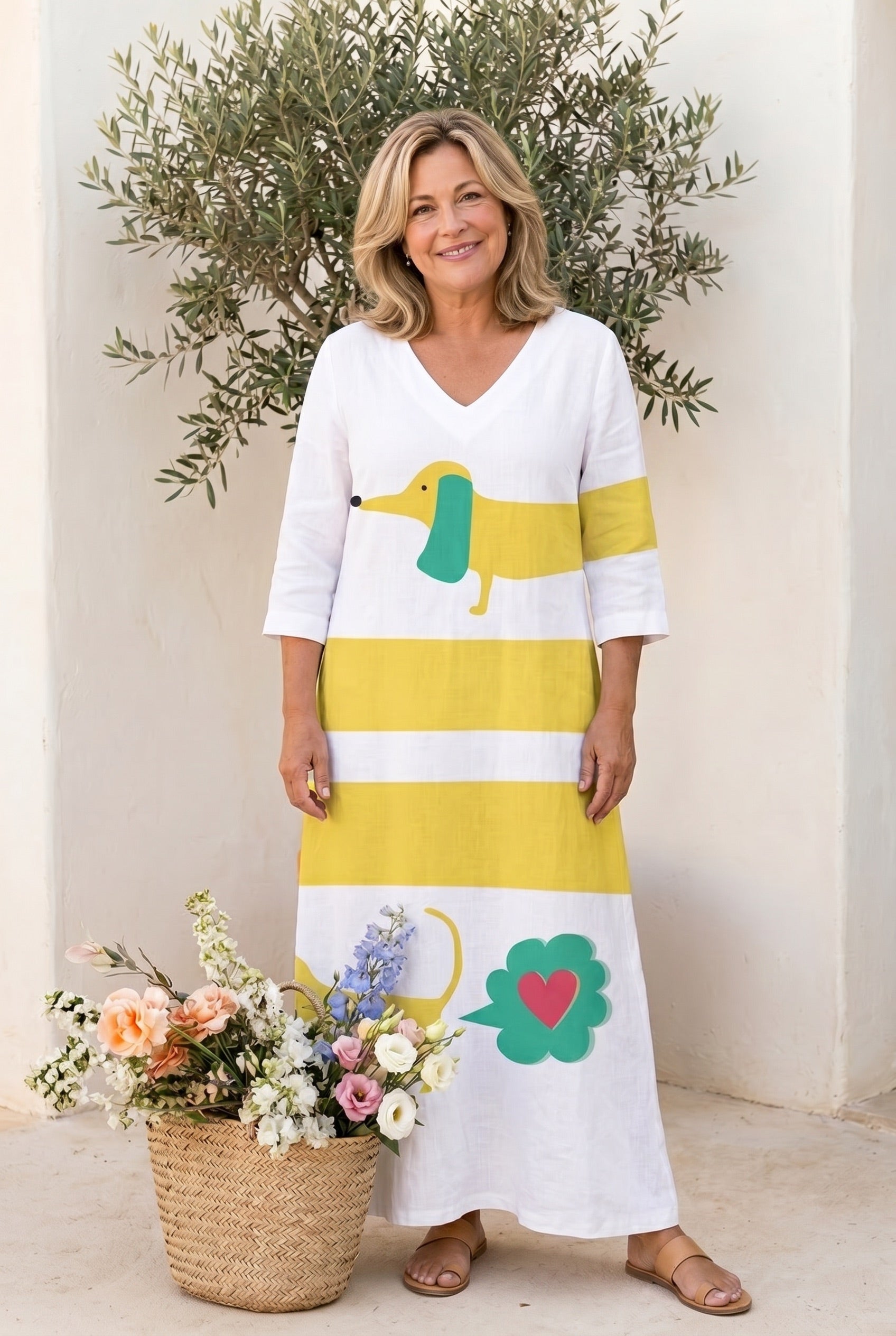 The Jane Garden Party Dress, white linen maxi with a whimsical yellow dog and clover-heart print, editorial against a whitewashed wall