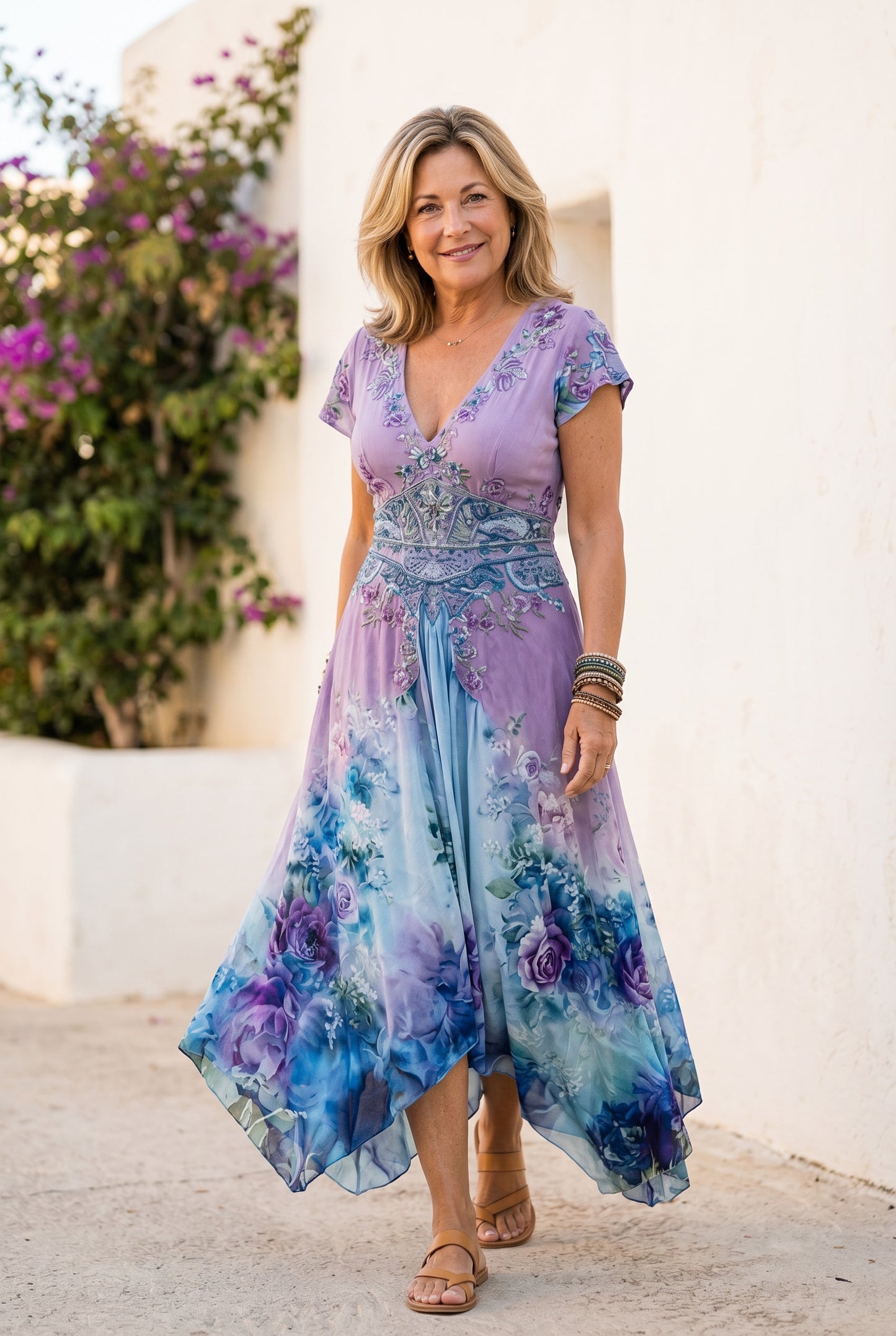 The Joanne Patio Dress in blue florals, boho handkerchief-hem maxi