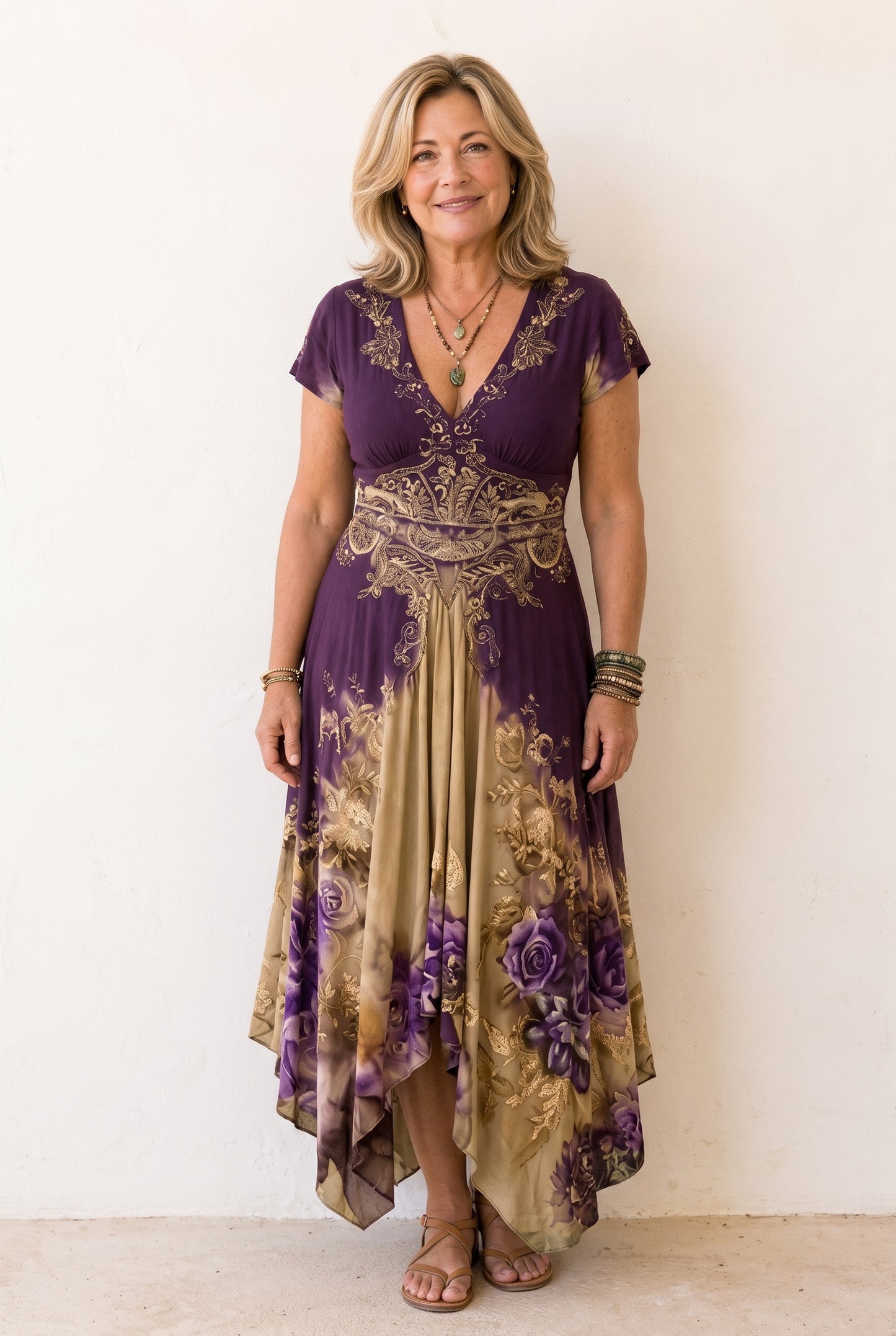 The Joanne Patio Dress in khaki with purple roses, boho handkerchief-hem maxi