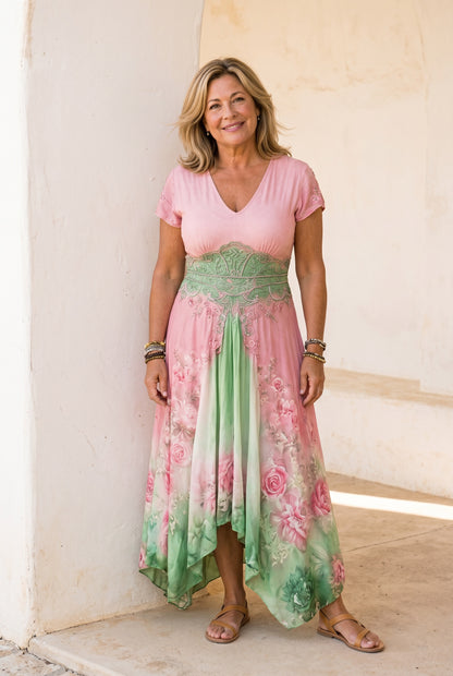 The Joanne Patio Dress in pink with green florals, boho handkerchief-hem maxi