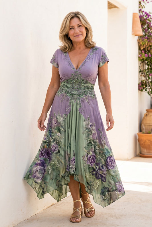 The Joanne Patio Dress in purple, boho handkerchief-hem maxi, Italian-summer editorial