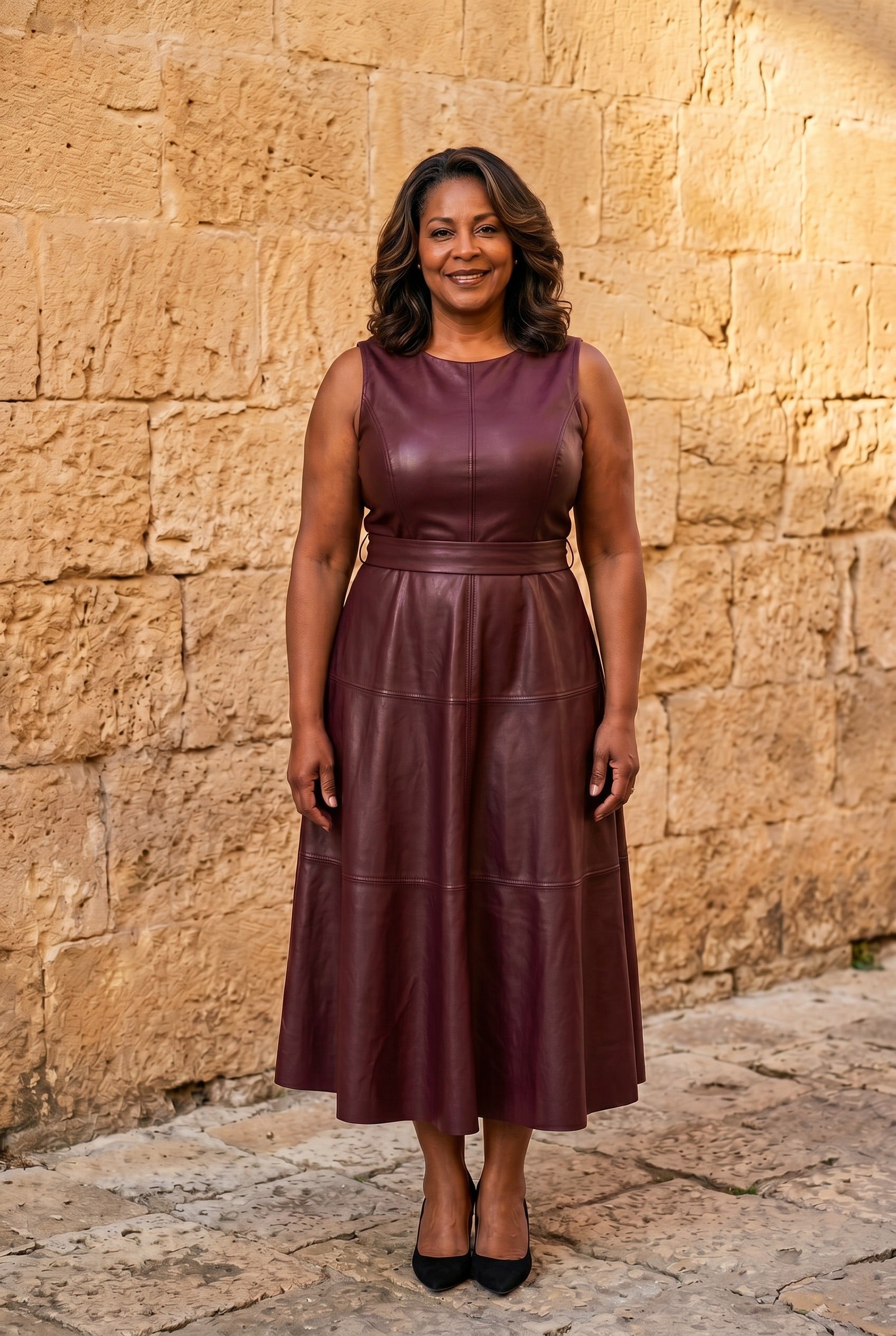 The Marilyn Rehearsal Dress in wine red, sleeveless faux-leather fit-and-flare midi, Sicilian editorial