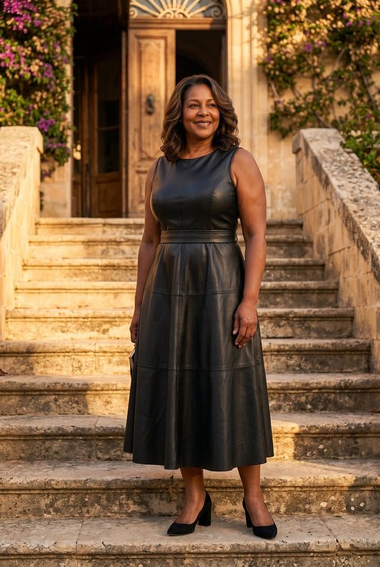 The Marilyn Rehearsal Dress in black on Sicilian villa steps, full-length lifestyle
