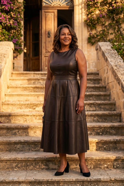 The Marilyn Rehearsal Dress in dark brown on Sicilian villa steps, full-length lifestyle