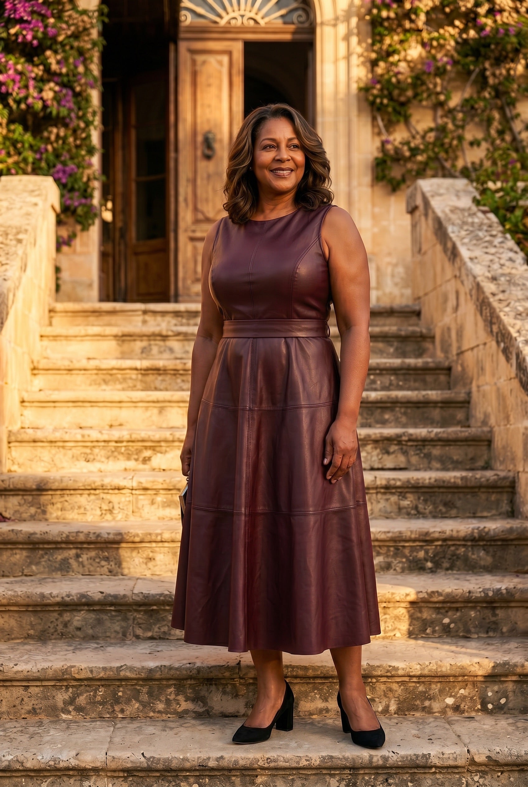 The Marilyn Rehearsal Dress in wine red on Sicilian villa steps, full-length lifestyle