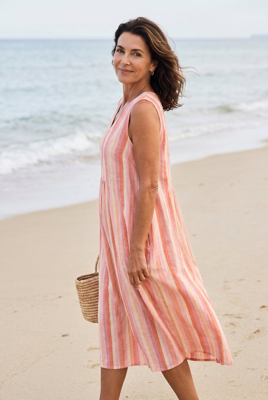 The Nancy Print Dress in pink and coral vertical stripes, sleeveless V-neck midi, full-body editorial on a Mediterranean beach with woven basket