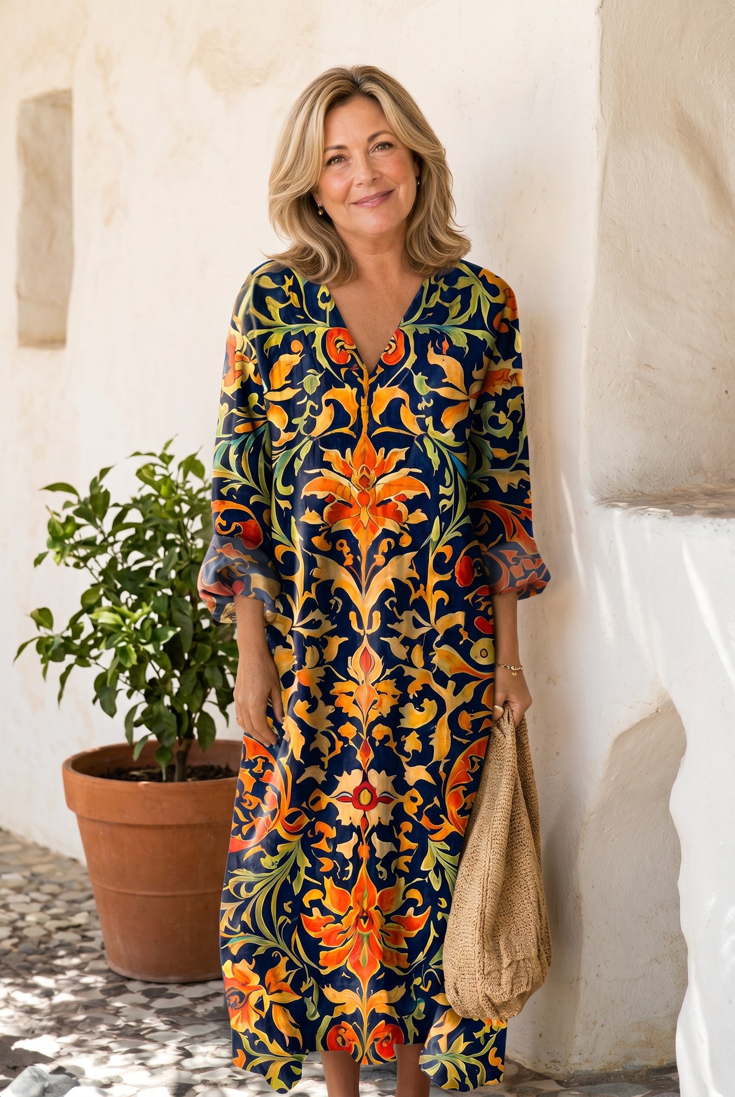 The Pamela Sunday Dress in a bold baroque damask print, V-neck long-sleeve maxi, Italian-summer editorial against a whitewashed wall