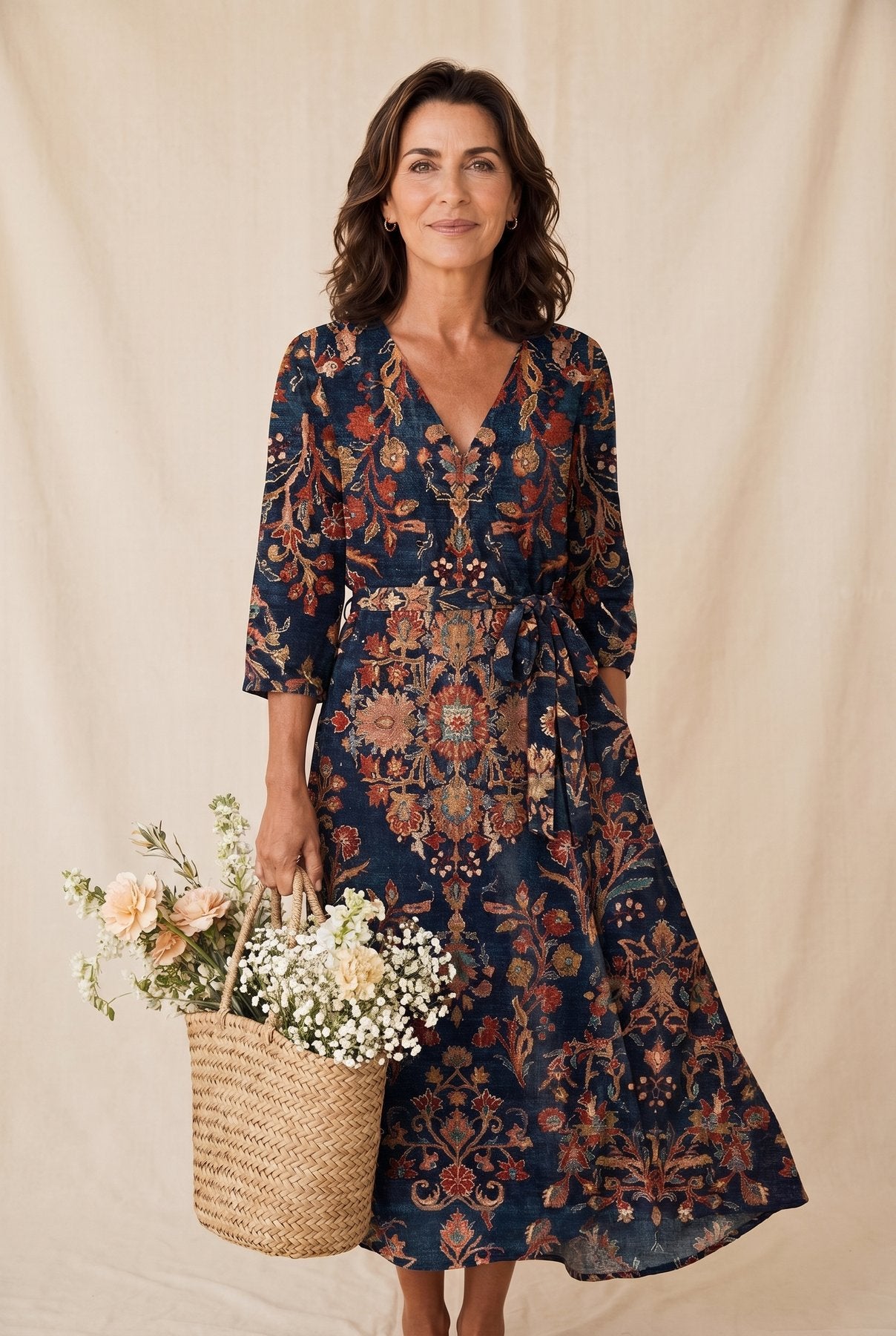 The Patricia Dinner Dress in dark navy with rust and gold medallion print, full-length editorial portrait with floral basket against a cream studio backdrop