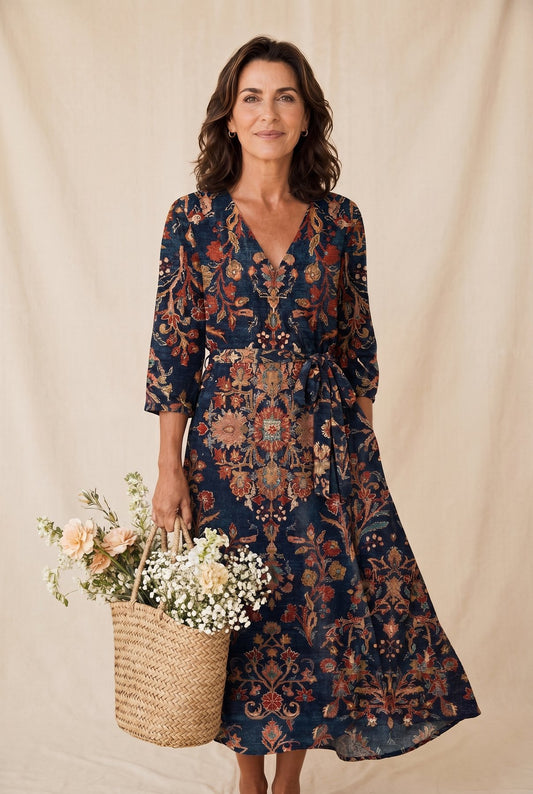 The Patricia Dinner Dress in dark navy with rust and gold medallion print, full-length editorial portrait with floral basket against a cream studio backdrop