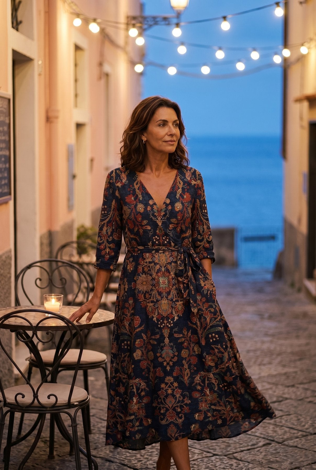 The Patricia Dinner Dress in dark navy medallion print, full-body editorial at an Amalfi cliffside ristorante at dusk