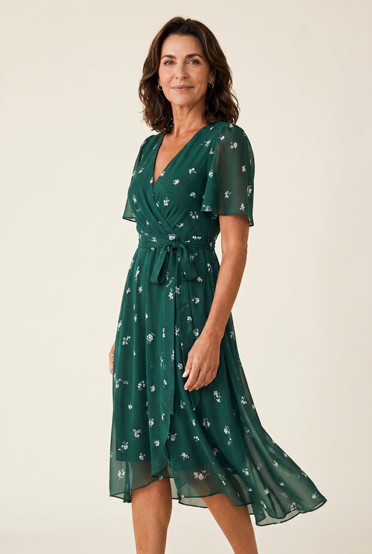 The Sandra Heat Dress in emerald green ditsy floral, chiffon V-neck wrap with flutter sleeves, cream studio editorial