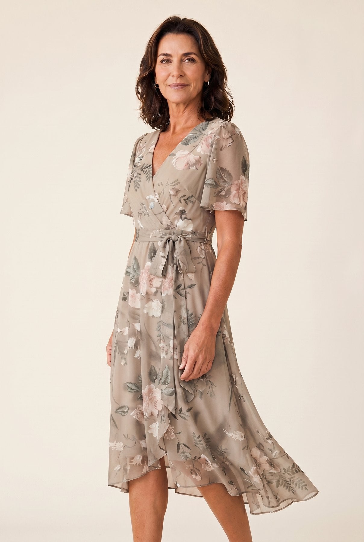 The Sandra Heat Dress in taupe-and-pink botanical floral colorway, chiffon V-neck wrap with flutter sleeves, cream studio editorial
