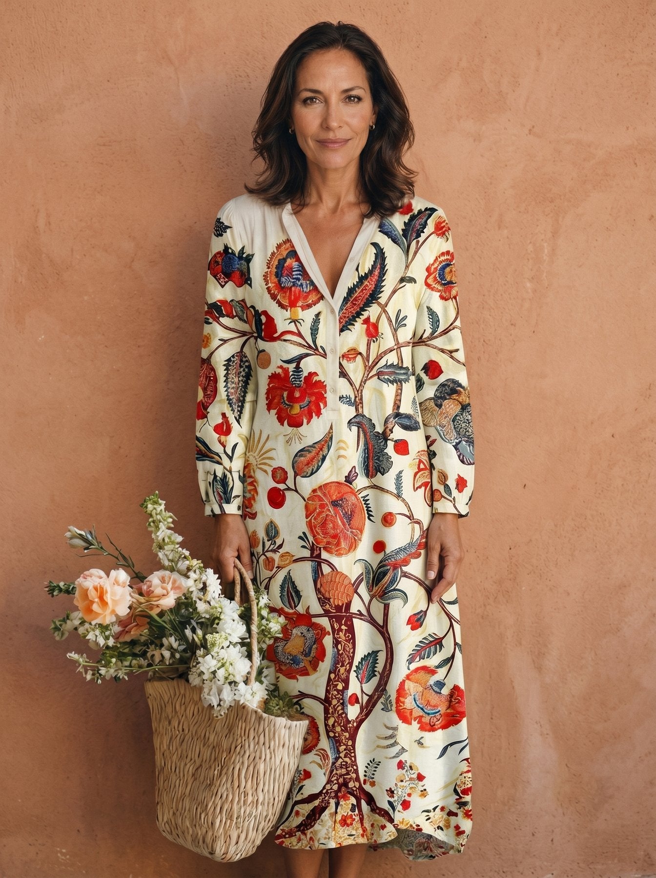 The Susan Aperitivo Dress in multicolor botanical print linen, full-length editorial with flower basket against a warm terracotta wall