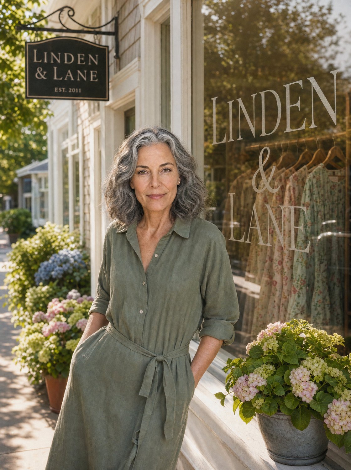Eleanor outside the Linden & Lane boutique storefront in Connecticut.